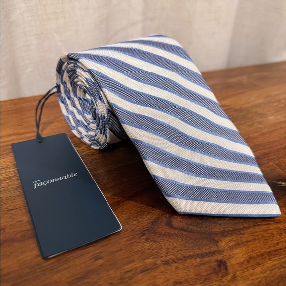 NWT FACONNABLE Blue, White & Silver Striped Silk Tie - Picture 10 of 13